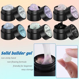 Fcozpjk Solid Builder Gel Kit, 6 Colors Non Sticky Solid Builder Gel for Nails Aurora Blue Pink Pearl White Builder Gel With Silicone Carving Pen Hard Gel 3D Sculpting Gel Nail Art Starter Kit