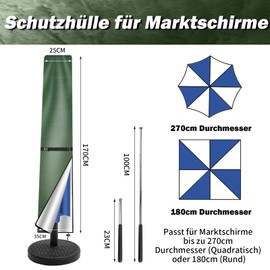 NAKIHOUSE Parasol Cover, Protective Cover, Waterproof, Weatherproof, UV-Anti, Windproof Umbrella Cover for Outdoor Umbrellas and Market Umbrellas, (170 x 25/35 cm, Green)