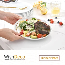 WishDeco White Dinner Plates Set of 6, Porcelain Salad Plates 9 Inch, Modern Kitchen Plate, Round Serving Dishes, Microwave and Dishwasher Safe, Scratch Resistant, Smooth Glaze