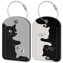 2 Pack Luggage Tag for Suitcase Black and Gray cat Leather Suitcase Tags with Privacy Name ID Label and Stainless Steel Loop for Travel Bag