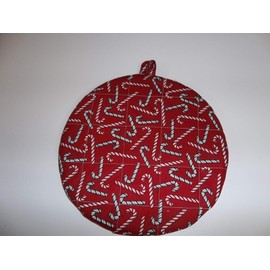 Christmas Pot Holders Red and Green Candy Canes Heat Resistant Handmade Double Insulated Round 9 Inches