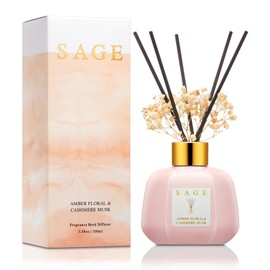 SAGE Hotel Reed Diffuser - Inspired Shangri-La Room Scent | 3.4oz Lavender & Cashmere Musk Scent Diffusers for Home | Preserved Flower & Oil Diffuser Sticks | Nightstand or Bathroom Decor for Shelves
