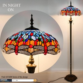 WERFACTORY Tiffany Floor Lamp Dragonfly Blue Brown Stained Glass Standing Reading Light 16X16X64 Inches Antique Pole Corner Lamp Decor Bedroom Living Room Home Office S688 Series