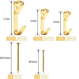 Yohong 184 Pieces Picture Hanging Kit with Nails, Picture Hangers Holds 20LB/30LB/50LB, Heavy Duty Picture Hanging Hooks for Hanging Pictures on Drywall Wooden Wall (Gold)