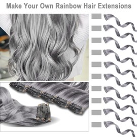 Olldag 10 PCS Grey Hair Extensions, Curly Wavy Synthetic Hairpieces Clip in Rainbow Neon Party Highlights, Colorful Hair Accessories for Kids Girls Women 17 inch (Grey)