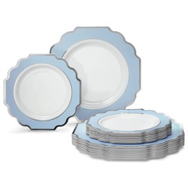 " OCCASIONS " 240 Plates Pack (120 Guests) Heavyweight Wedding Party Disposable Plastic Plates Set -120 x 10.5'' Dinner + 120 x 8'' Salad/Dessert Plate (Imperial in White/Baby Blue & Silver)