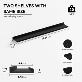 Boswillon 47.2 Inches Long Floating Shelves Wall Mounted, 2 Set Modern Wall Shelf for Bedroom, Nursery Book Shelf with Lip, Picture Ledge Shelf for Wall Decor Living Room Bathroom Kitchen - Black