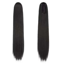 FESHFEN Long Ponytail Hairpiece - Straight Natural Black Braid Extensions with Clip Synthetic Hair Extension Claw Clip in Ponytail Hair Extension for Women, 63 cm