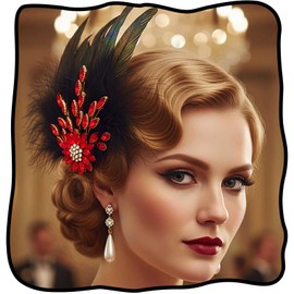 Yokawe 1920s Black Feather Fascinator with Red Crystal Flower, Prom Gatsby Headband,Flapper Hair Clips Hair Accessories for Women