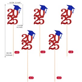 Class of 2025 Graduation Decoration Centerpieces for Table, 2025 Party Centerpieces Grad Cap Sticks Party Supplies, Graduation Party Decoration Toppeers (10 PCS, Red & Blue)