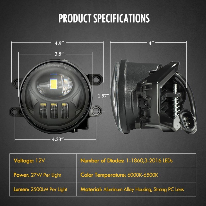 Partsam 12V LED Fog Lights Assembly Kit 54W 5000LM Compatible