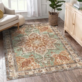 Vhong Boho Vintage Area Rugs Washable Neutral Modern Brick Non Slip 3x5 Small Carpet for Living Room Dining Room Bedroom Farmhouse