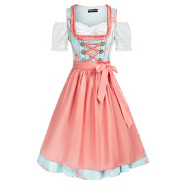 Women's German Oktoberfest Costumes 3 Pcs Bavarian Dirndl Dress Pink and Blue M