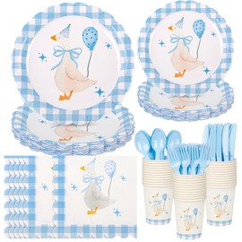 Houuqe 175 PCS One Silly Goose Birthday Party Tableware Set, Blue Gingham Party Supplies for 25 Guests Scalloped Plates and Napkins Blue and White Paper Plates Checkered Dinner Decor Set for Birthday