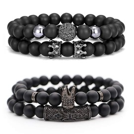 CARSHIER 4 PCS Bracelets for Men Women Friendship Lava Stone Crown Bead Bracelets 8MM Natural Essential Oil Diffuser Beads Bangles Gifts