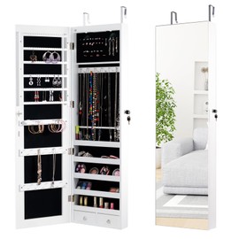 LOKO Mirrored Jewelry Armoire, Wall/Door Mounted Jewelry Cabinet with Full-Length Mirror, Lockable Jewelry Storage Organizer with 2 Drawers & 2 LED Lights, for Girls Women Gift Bedroom (White)