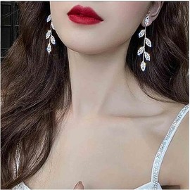 BSLVWG Crystal Leaf Drop Earrings Leaf Tassel Dangle Earrings Rhinestone Drop Gold CZ Crystal Long Earrings Wedding Earrings Jewelry for Bridal Women and Girls (Silver)