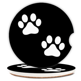 Ceramic Cup Holders Car Coasters for Women/Men,Absorbent Drink Cup Car Holder Coasters with A Finger Notch 2.56" Pack of 2,Black Paw Print