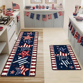 4th of July Patriotic Kitchen Rugs Set of 2, America Stripe Stars Kitchen Mats, Non-Slip Independence Day Carpet Rug for Memorial Day Holiday Indoor Outdoor Home Decorations 17x29 and 17x47 Inch