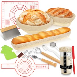 Sourdough Starter Kit, Banneton Bread Proofing Basket, Sourdough Bread Baking Supplies-Sourdough Starter Jar& 9" Round & 10" Oval & 17" Baguette Sourdough Proofing Basket, Sourdough Banneton Bowls