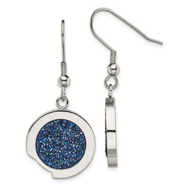 Solid Stainless Steel with Blue Druzy Stone Earrings - 42mm x 18mm