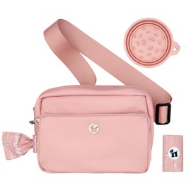 Puppington 3-in-1 Crossbody Bag & Dog Treat Pouch for Pet Training - Matching Compostable Poop Bags, Built-In Poop Bag Dispenser & Slow-Feeding Travel Dog Bowl - Dog Walking Bag (Blush Pink)