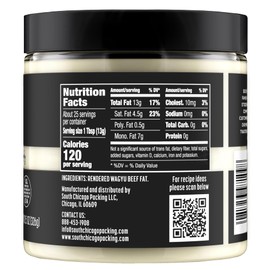 South Chicago Packing Wagyu Beef Tallow, 11.5 Oz Glass Jar, Perfect for Searing, Sauteing, Cooking, Pan Frying, Keto Friendly, Paleo Friendly, Pantry Staple