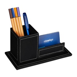 Relaxdays Desk Organiser with Pen Holder and Business Card Holder, Faux Leather, H x D: 10.5 x 20 x 10 cm, Black