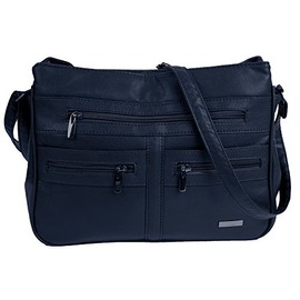 Large Faux Leather Handbag/Shoulder Bag with 7 Zip Compartments & Double Zip Top (Navy Blue)