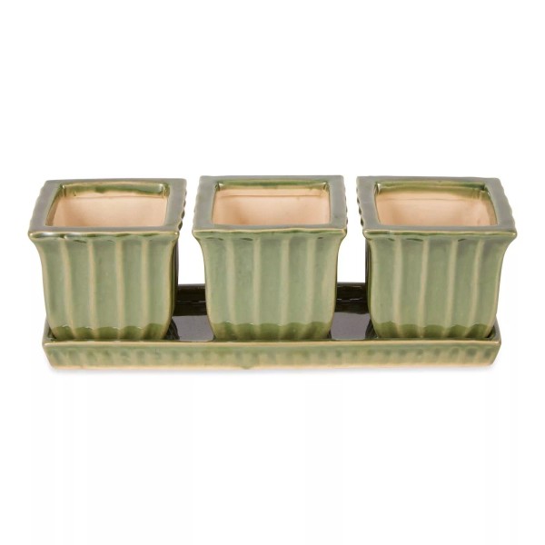 Accent Plus Green Square Ceramic Small Planter Set Of 3