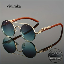 Trendy Circular Metal Glasses Featuring Gradient Polycarbonate Lenses - Comes with a Protective Case - Luxurious Double BridgeDesign: Gradient Pink, Frame Material: Alloy