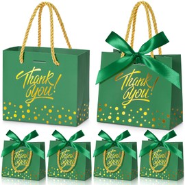 EQOREIIN Small Thank You Gift Bags 50pcs 5.5x2.5x4.7 Inches Mini Gift Bags with Handles Bow Ribbon Green Paper Bag for Party Favor, Mother's Day，Valentine's Day, Wedding, Baby Shower (Green)
