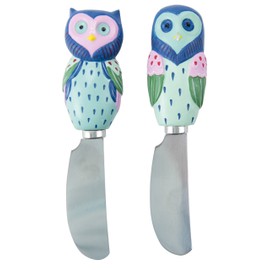 The Boston Warehouse Set of 2 Wide Stainless Steel Blade Spreaders with Hand-Painted Handle, Artsy Owls
