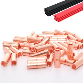 SVAAR 40PCS 8 Gauge Non Insulated Butt Connectors 8 AWG Uninsulated Butt Splice Connectors Crimp Repair Butt Splices Kit Bare Pure Copper Seamless Barrel Butt Splice Terminals & 40PCS 3:1 Heat Shrinks