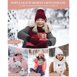 Womens Winter Beanie Hat Scarf Gloves Set, Cute Pom Pom Beanie with Warm Fleece Lined Long Knit Neck Scarf Touchscreen Gloves, 3 Piece Set for Cold Weather(White)