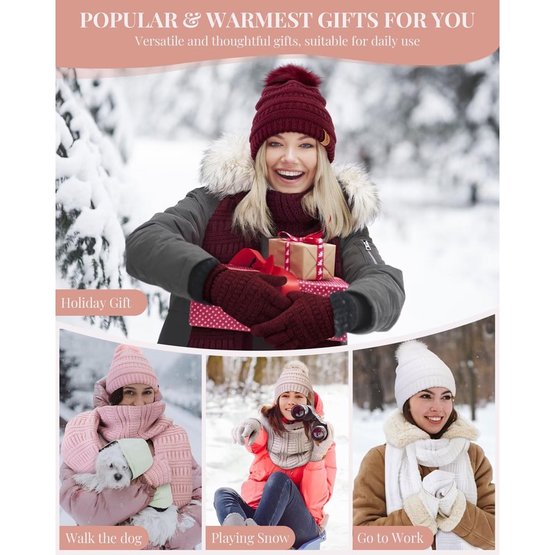 Womens Winter Beanie Hat Scarf Gloves Set, Cute Pom Pom