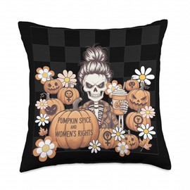 Pumpkin Spice and Women's Rights Skeleton Fall Feminist Throw Pillow