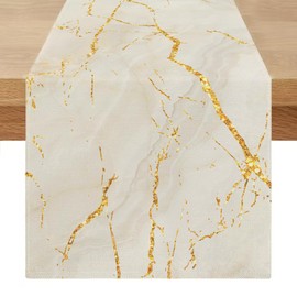 Table Runner Modern Spring Summer White Gold 40 x 100 cm Linen Table Runner Marble Golden Texture Abstract Art Table Runner for Coffee, Dining Room, Dresser, Side Table, Bedroom