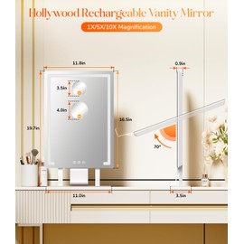 Gospire Hollywood Lighted Makeup Mirror, 4000mAh Rechargeable Vanity Mirror, 3 Color Modes Lighting Mirror with Magnification 5X/10X, Touch Control&Phone Holder, LED Desktop Mirror for Bedroom
