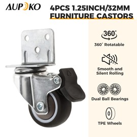 4Pcs Castors for Furniture, 32mm Swivel Castor 2 with Brakes + 2 without Brakes, L-Shaped Heavy Duty Castors Transport Castors with Screws and Screwdrivers for Furniture Cupboard Table Beach Chair