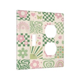 Retro Rainbow Green Pink Flower Checkered Light Switch Cover Plate 2 Gang Toggle Outlet Decorative Switch Plates Wall Plates Electrical Faceplate for Aesthetic Cabin Decor 4.6" X 4.5"