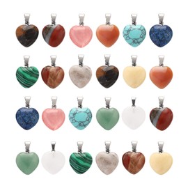 Lezam 24 Pieces Healing Crystal Heart Shaped Pendants Necklace Charms for DIY Jewelry Making Natural Quartz Stones Chakra Love Beads Bulk 16mm