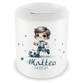 Samunshi® Children's Money Box with Name and Sweet Footballer Motif for Children - Boys and Girls Piggy Bank 330 ml White