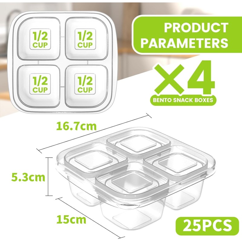 LATERN 25Pcs Bento Snack Containers, 16CM x 16CM 4 Compartments