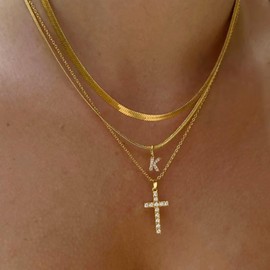 Feskive Layered Gold Necklaces for Women，Stackable 14K Gold Plated Tiny Initial Necklaces Simple CZ Cross necklace Dainty Layered Necklace Different Length Pendant Necklace Gold Jewelry Set for Women