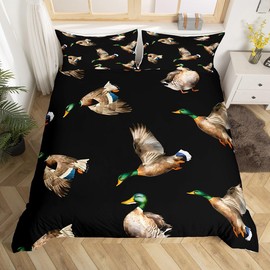 Mallard Duck Duvet Cover Hunting and Fishing Bedding Set Wild Animal Comforter Cover for Boys Girls Kids Wildlife Black Bedspread Cover Double Size With 2 Pillow Case