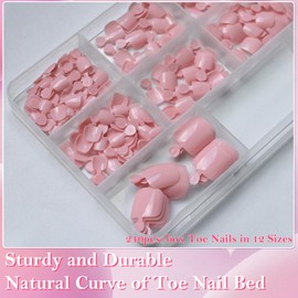 AddFavor Light Pink Press on Toenails for Women, 240pcs Toe Nail Press ons Short Square Light Pink Fake Toe Nails Acrylic Toe Nail Tips, 12 Sizes Glue on Toenail Press ons with Adhesive Tabs