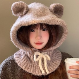 Cute Baby Bear Ears Balaclava Hat for Women lf1393 Free Size/M (56-58cm) Dark Gray 4ea