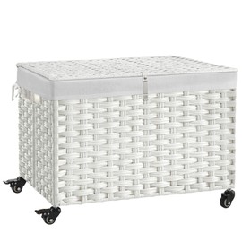 Rolling Storage Basket with Lid, 47.6 Gallon (180L) Storage Bin with Wheels, Woven Rattan Blanket Storage Basket with Handles, Foldable, Metal Frame, Removable Liner for Bedroom, Laundry Room, White