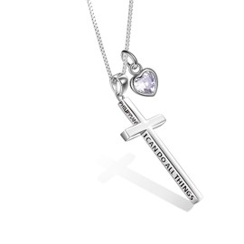 POPLYKE Sterling Silver Cross Necklace for Women April Birthstone Philippians 4:13 I Can Do All Things Necklace for Men Birthday 20+2'' (silver-04 April)